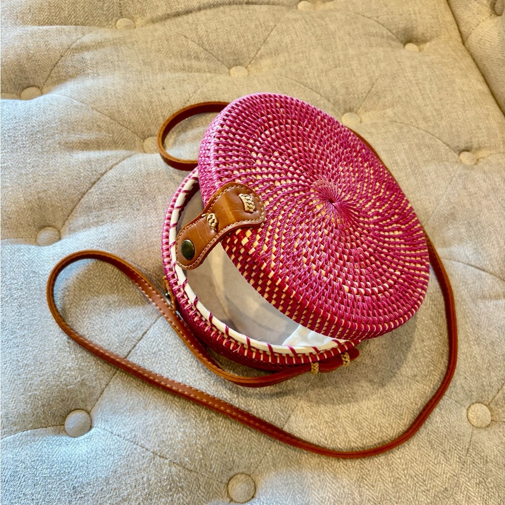 Summer Pink Round Rattan Bamboo Sustainable Textile Crossbody Bag - Picture 8 of 13